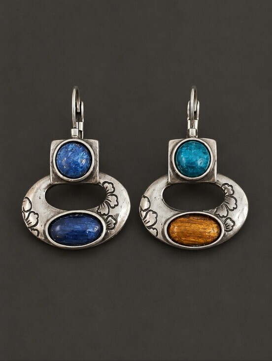 Vintage Jewelry - VTG Mismatched Oval Gem Mod Leverback Earrings